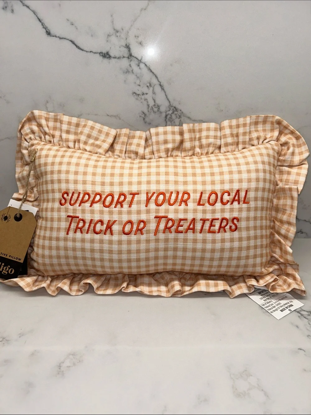 “Support Your Local Trick or Treaters” Gingham Decorative Pillow